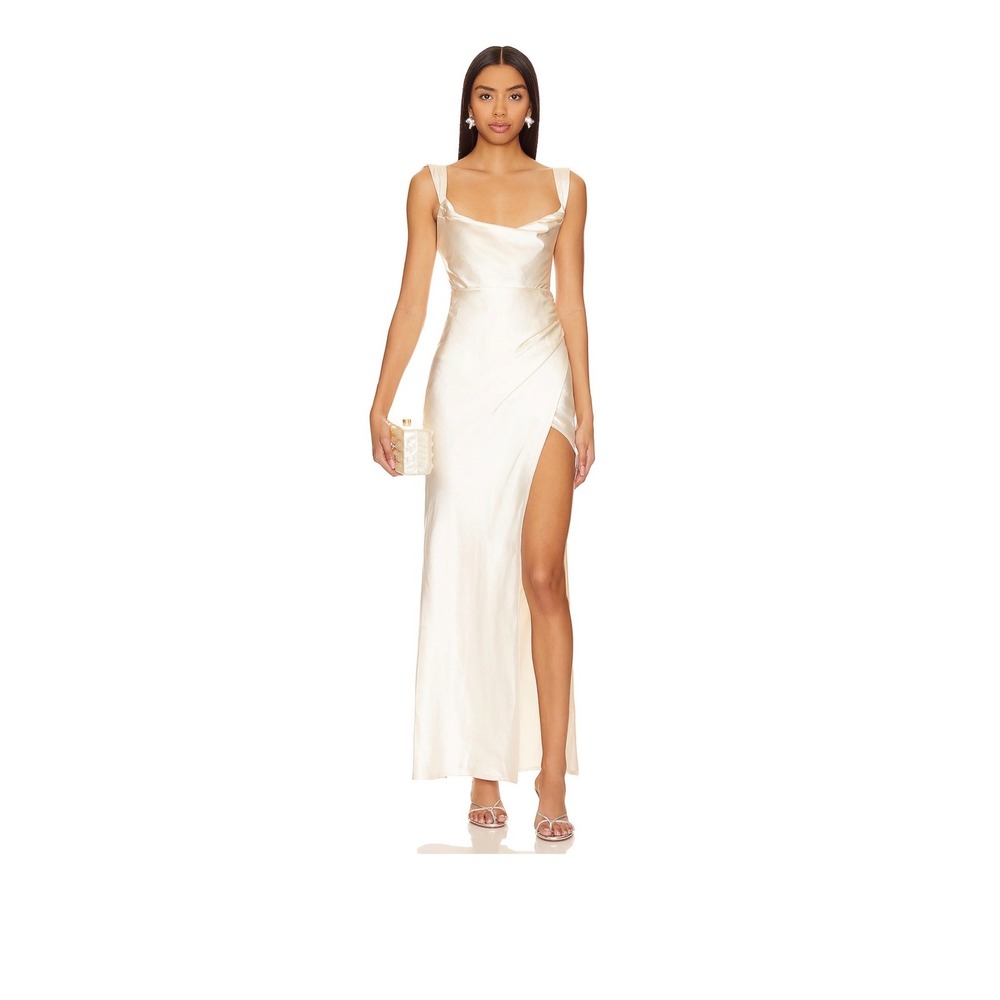 Runaway The Label Havanna Ivory Satin Cowl Neck Maxi Dress Sleeveless High Slit